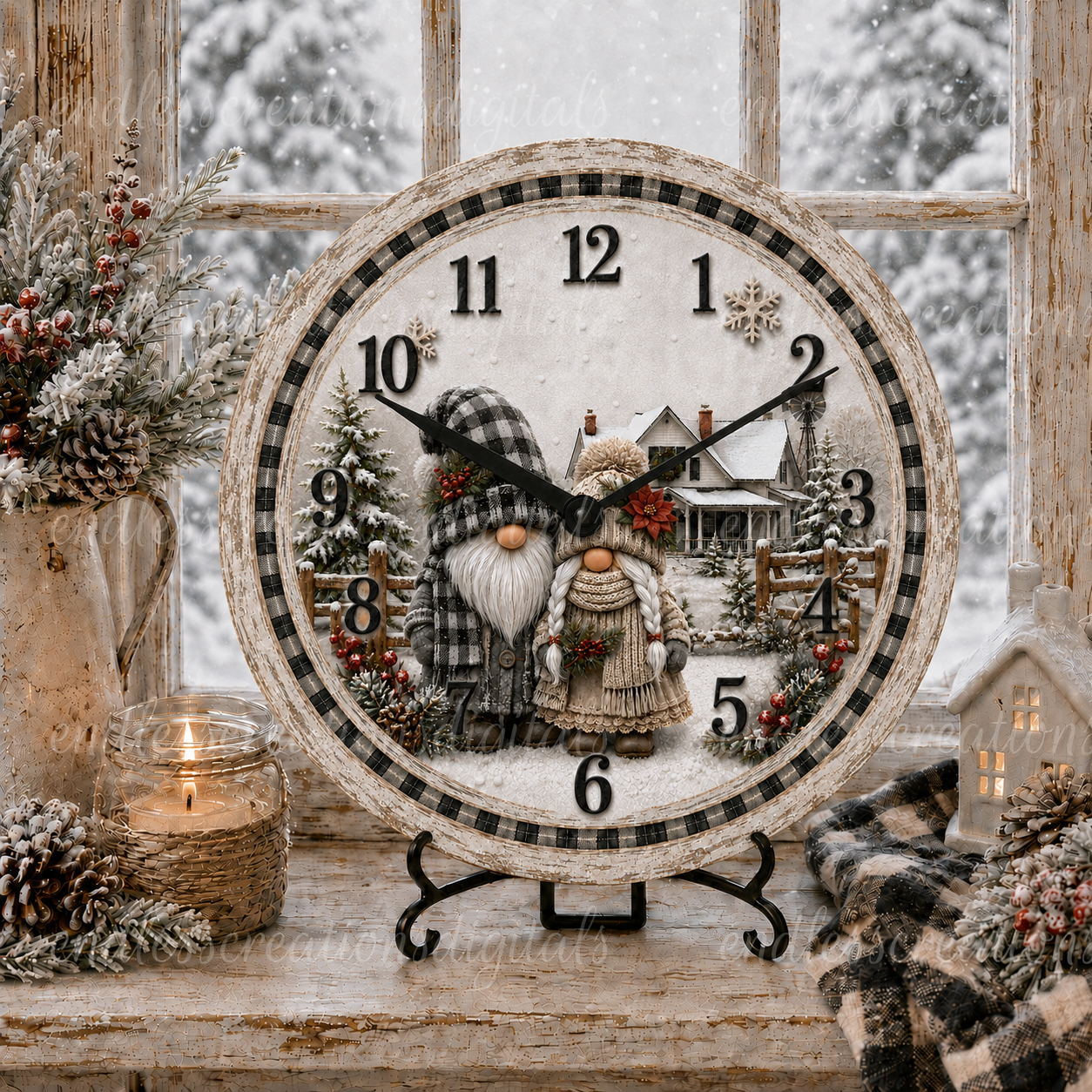 WINTER GNOME COUPLE ROUND CLOCK DESIGN