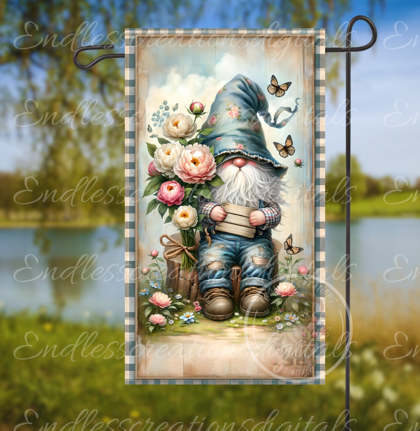 WELCOME PEONY GNOME GARDEN FLAG