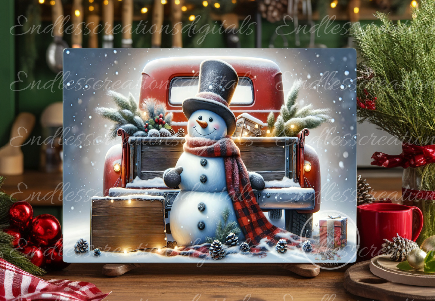 SNOWMAN IN A WINTER RED TRUCK RECTANGLE/TINS