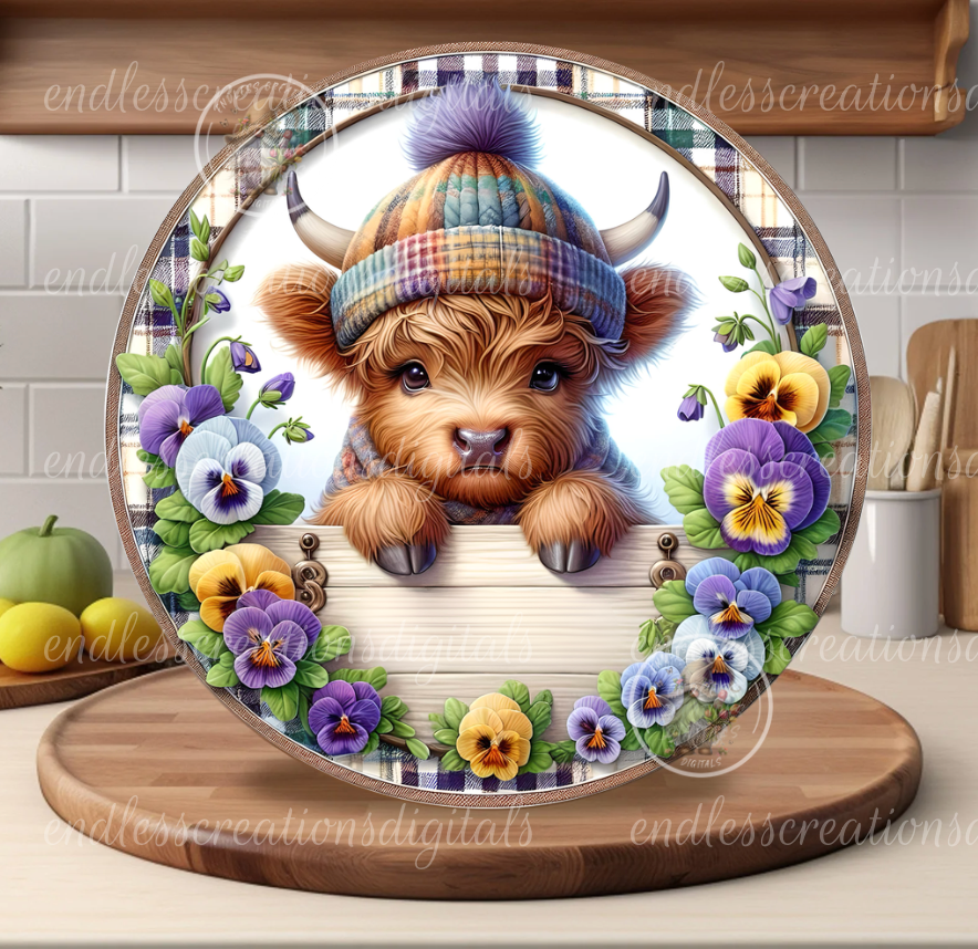 SPRING PANSIES HIGHLAND COWS ROUND