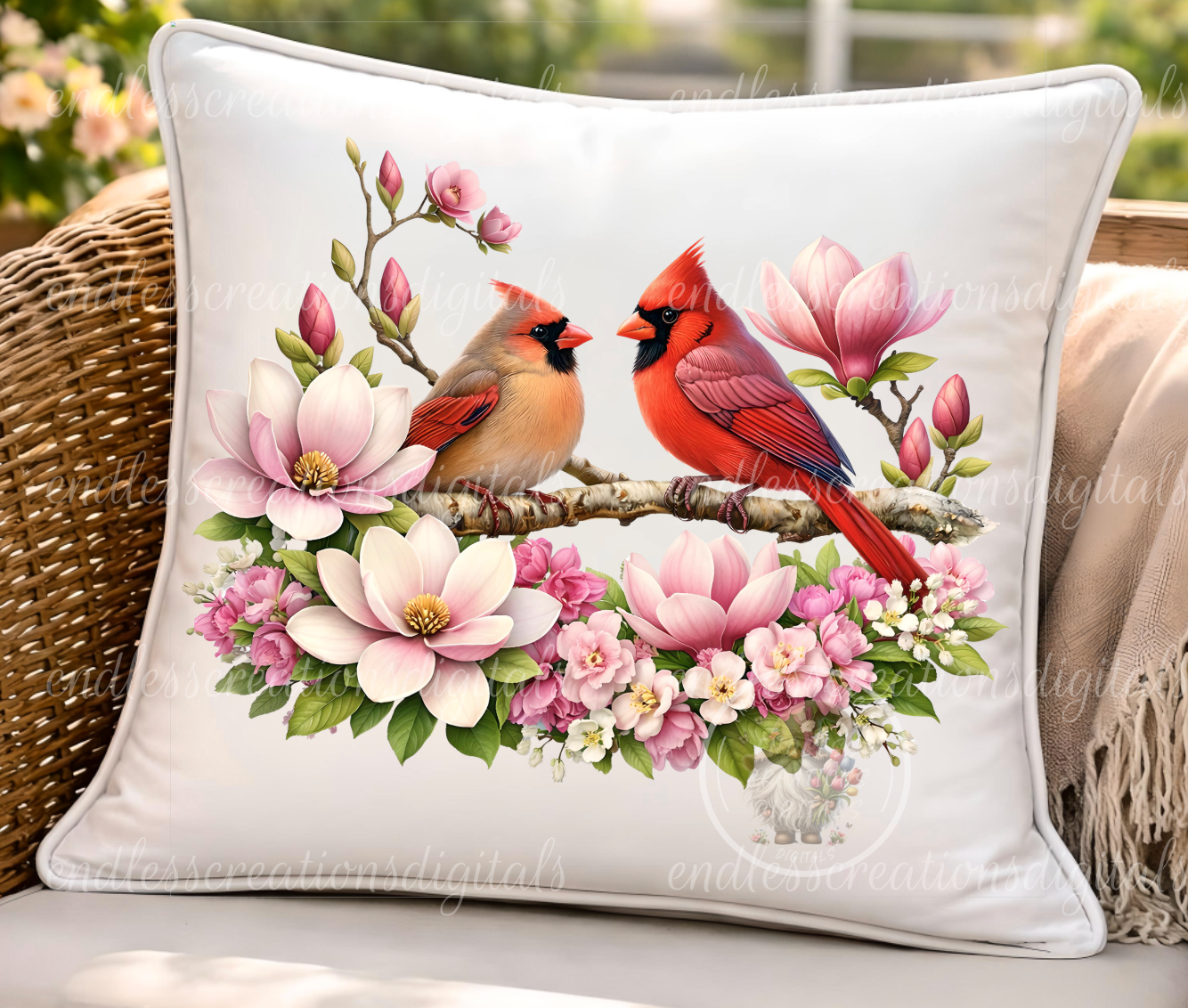 FLORAL CARDINAL PAIR ROUND/CLOCK DESIGN