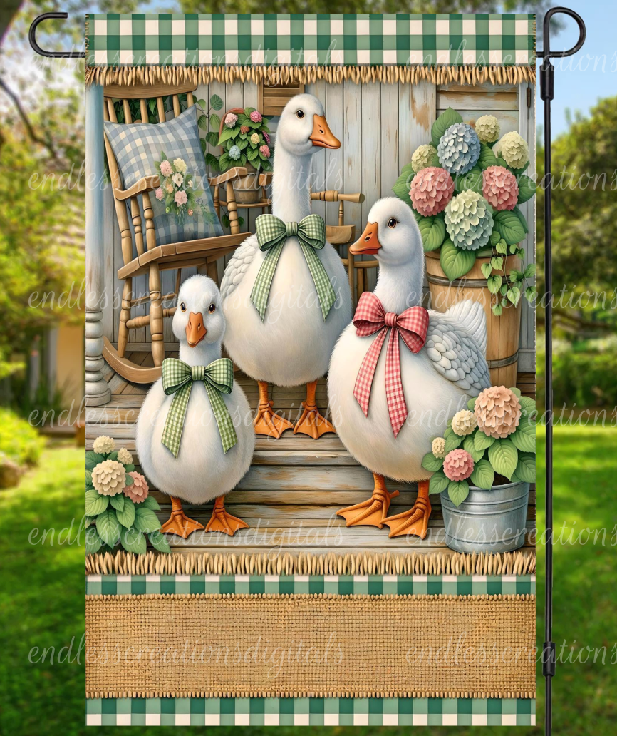 WELCOME FLORAL WHITE GEESE GARDEN FLAG