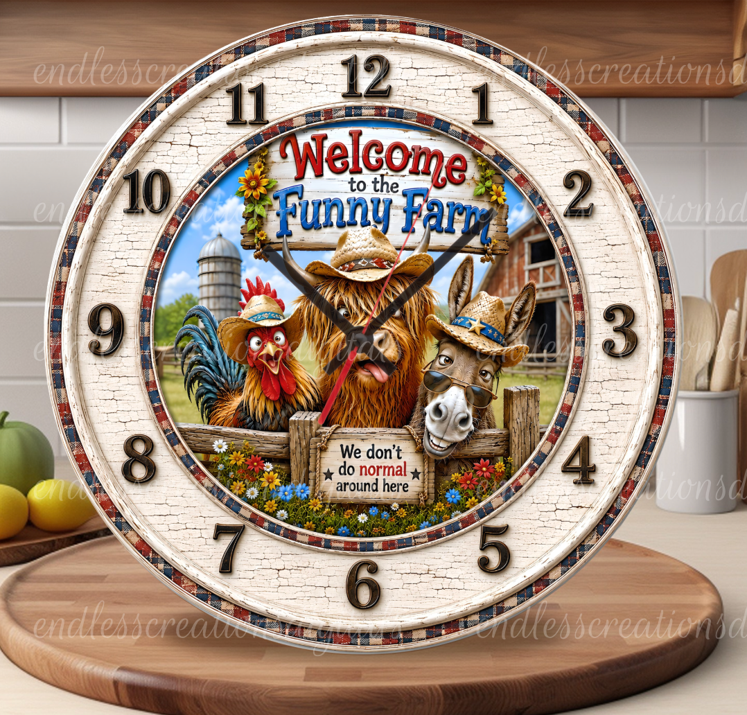 WELCOME TO FUNNY FARM ROUND/CLOCK DESIGN