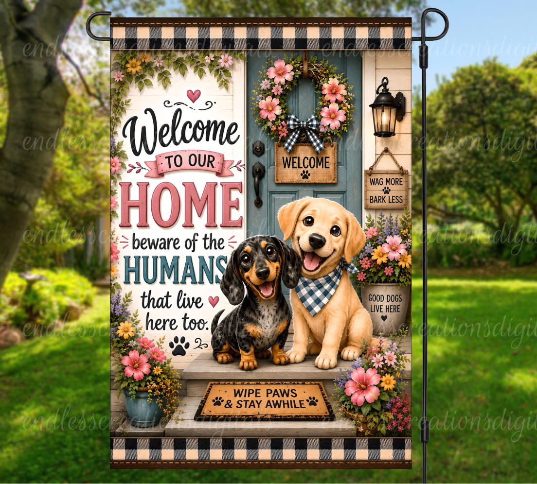 WELCOME DOG ROUND/GARDEN FLAG BUNDLE OF 2