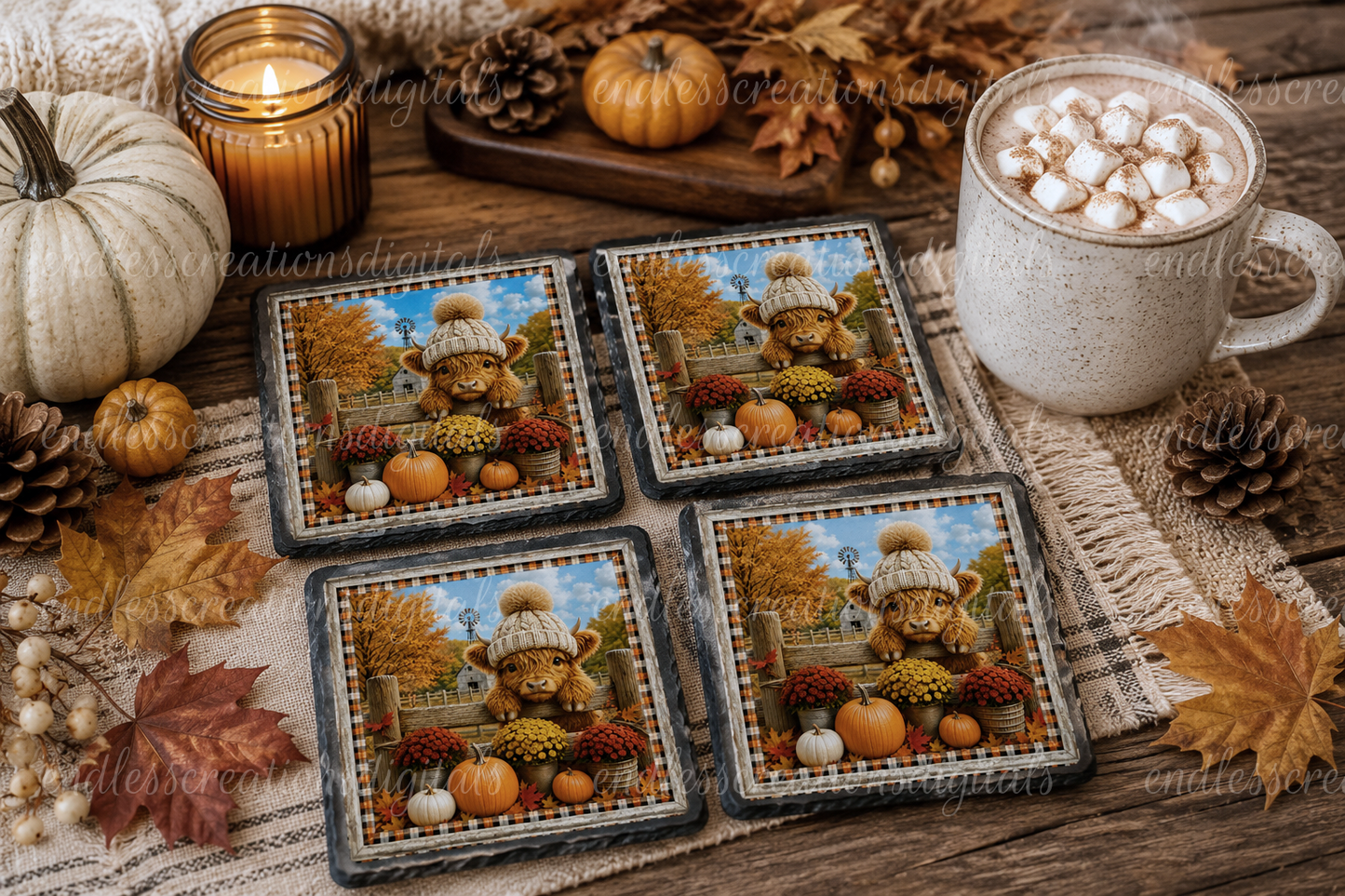 SQUARE HIGHLAND COW FALL CLOCK DESIGN BUNDLE OF 2