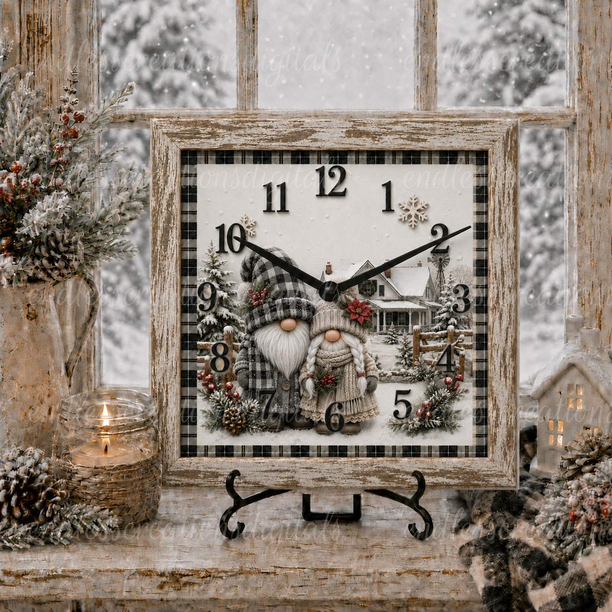 WINTER GNOME COUPLE SQUARE CLOCK DESIGN