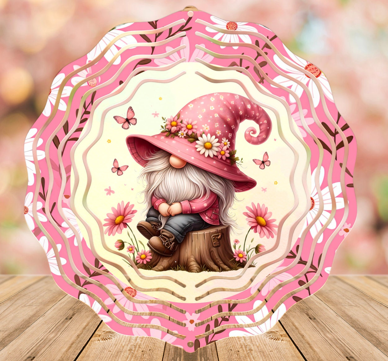 PINK DAISY SUMMER MALE AND FEMALE GNOMES WIND SPINNER