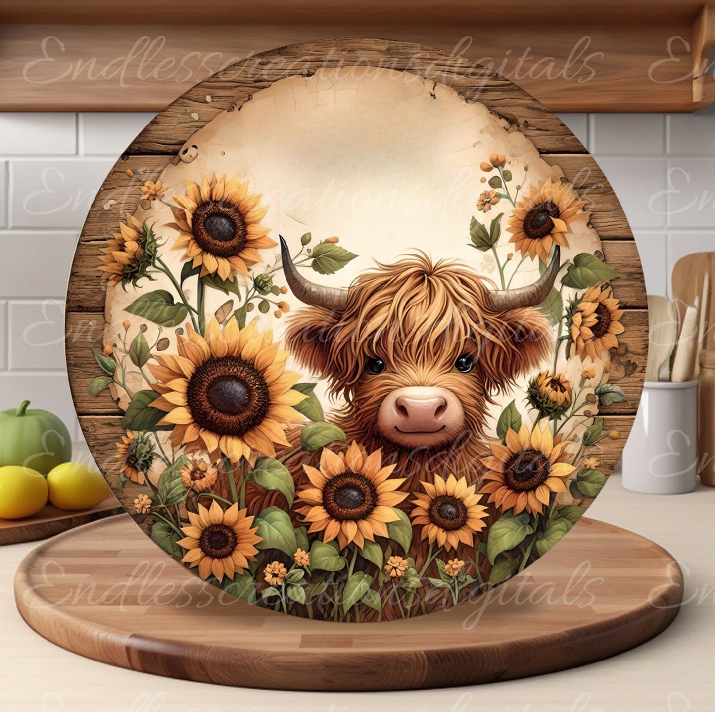 HIGHLAND COW DOOR hanger, wreath sign, round cutting board png, for sublimation high resolution,2 files for download, 1 add your own text