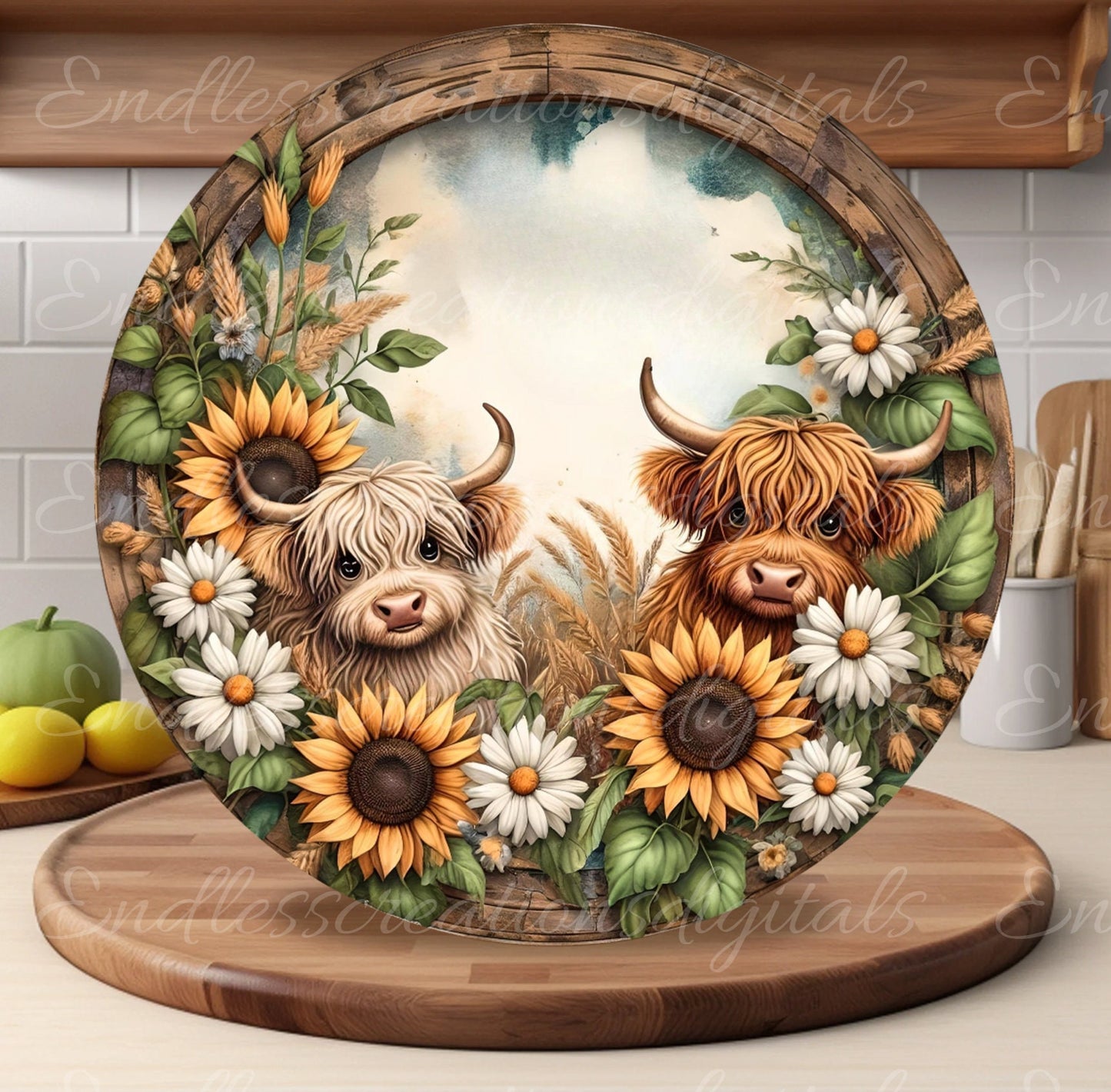 HIGHLAND COW DOOR hanger, wreath sign, round cutting board png, for sublimation high resolution,2 files for download, 1 add your own text