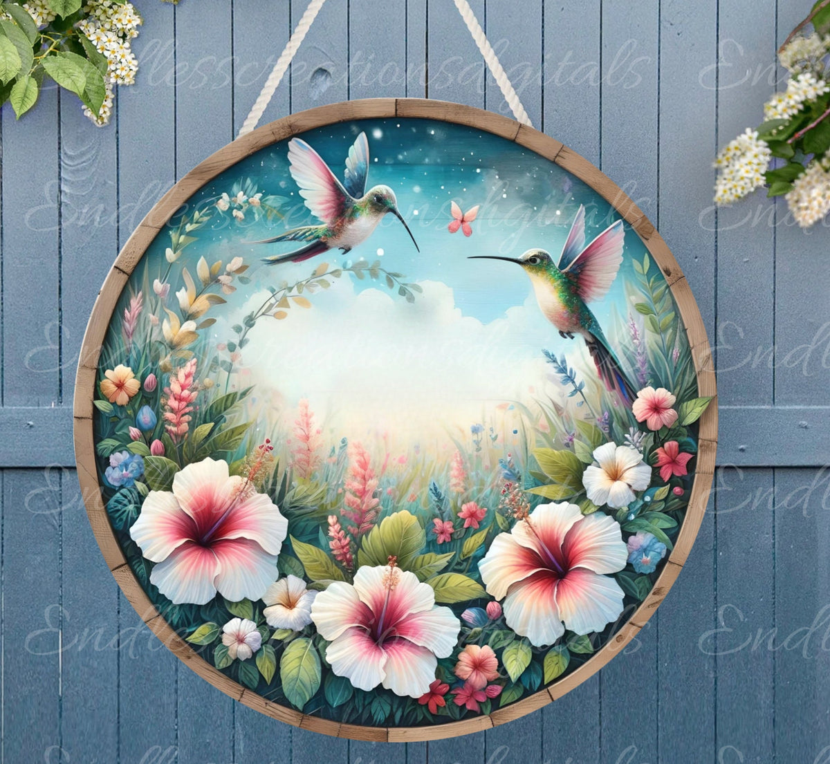 HUMMINGBIRD DOOR HANGER, wreath sign png, for sublimation high resolution 2 round png 300dpi, 1 blank for your own text