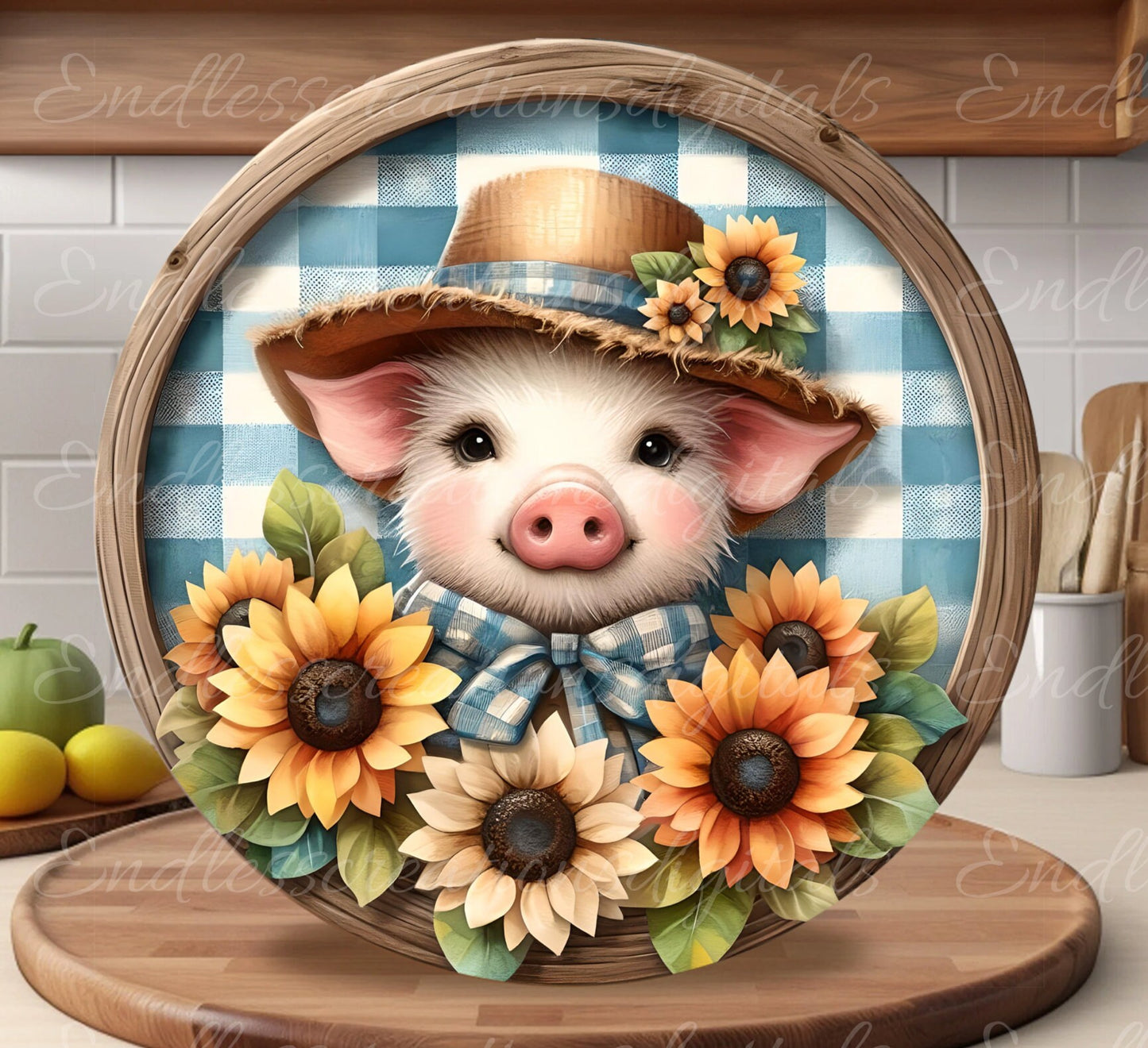 SUNFLOWER PIG SUBLIMATION door hanger, wreath sign, round cutting board png, for sublimation high resolution