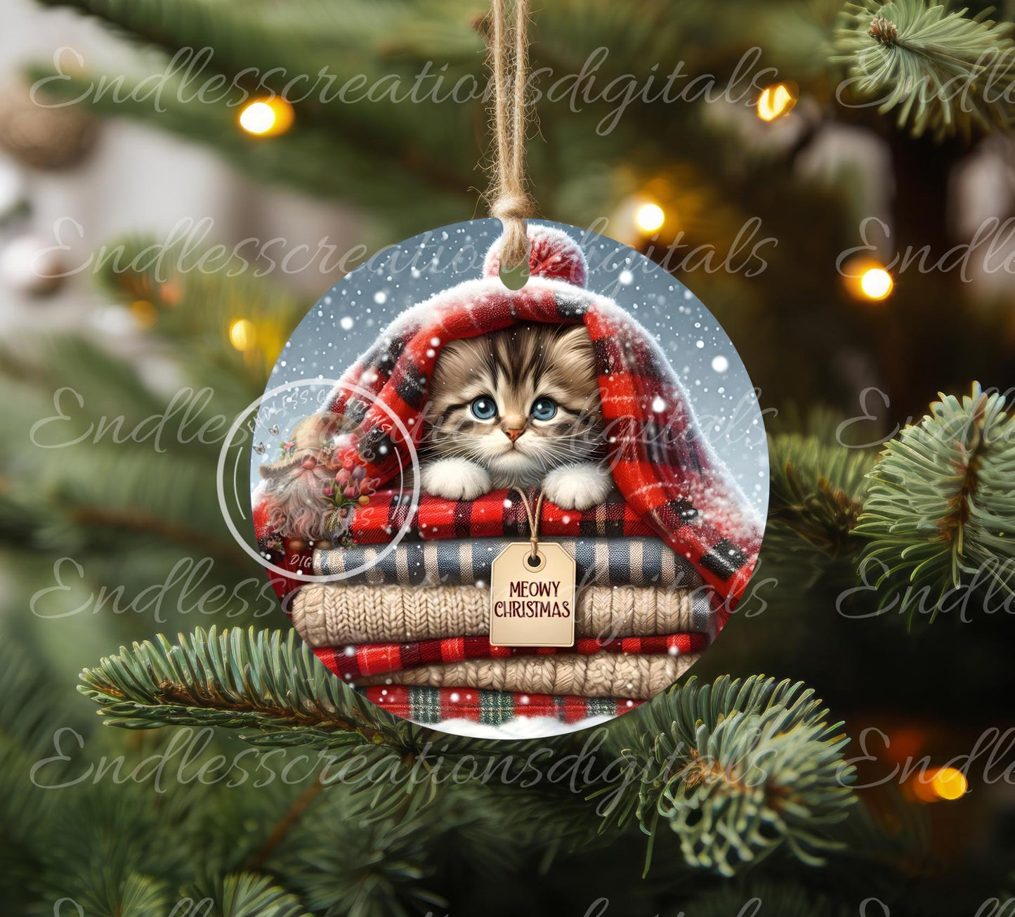 MEOWY CHRISTMAS ROUND ORNAMENT/GIFT TAG