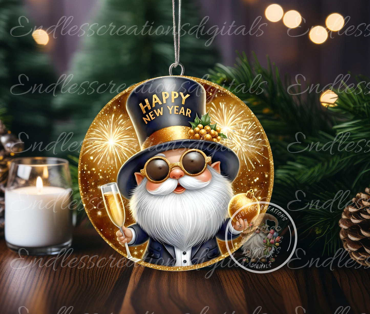 NEW YEARS GNOME Round door hanger, wreath sign, round cutting board, ornaments for sublimation high resolution 2 files, 1 add your own text