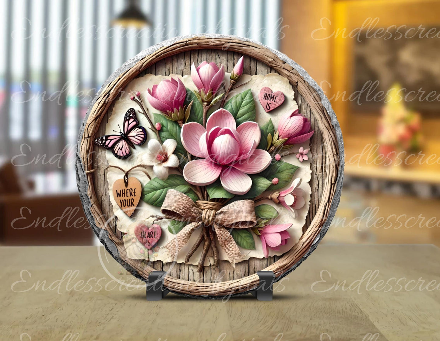 HOME IS WHERE Heart Magnolia door hanger, wreath sign, round slate, for sublimation high resolution can be resized, 2 files 1 blank, resize