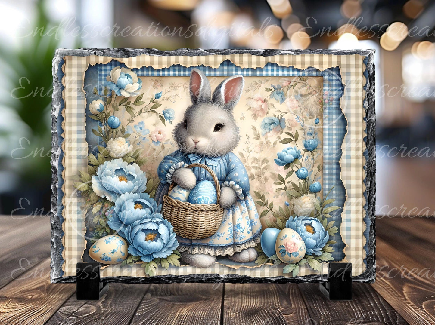 BLUE GINGHAM GIRL VINTAGE EASTER CUTTING BOARD SLATE RECTANGLE