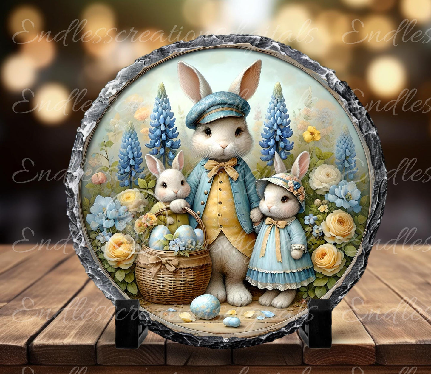 VINTAGE YELLOW BLUE Bunny family