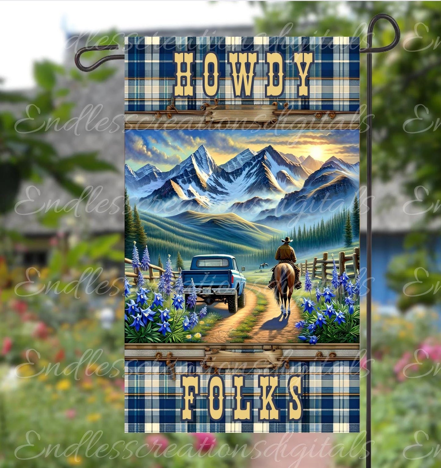 BLUE TRUCK FLORAL Mountains Garden Flag