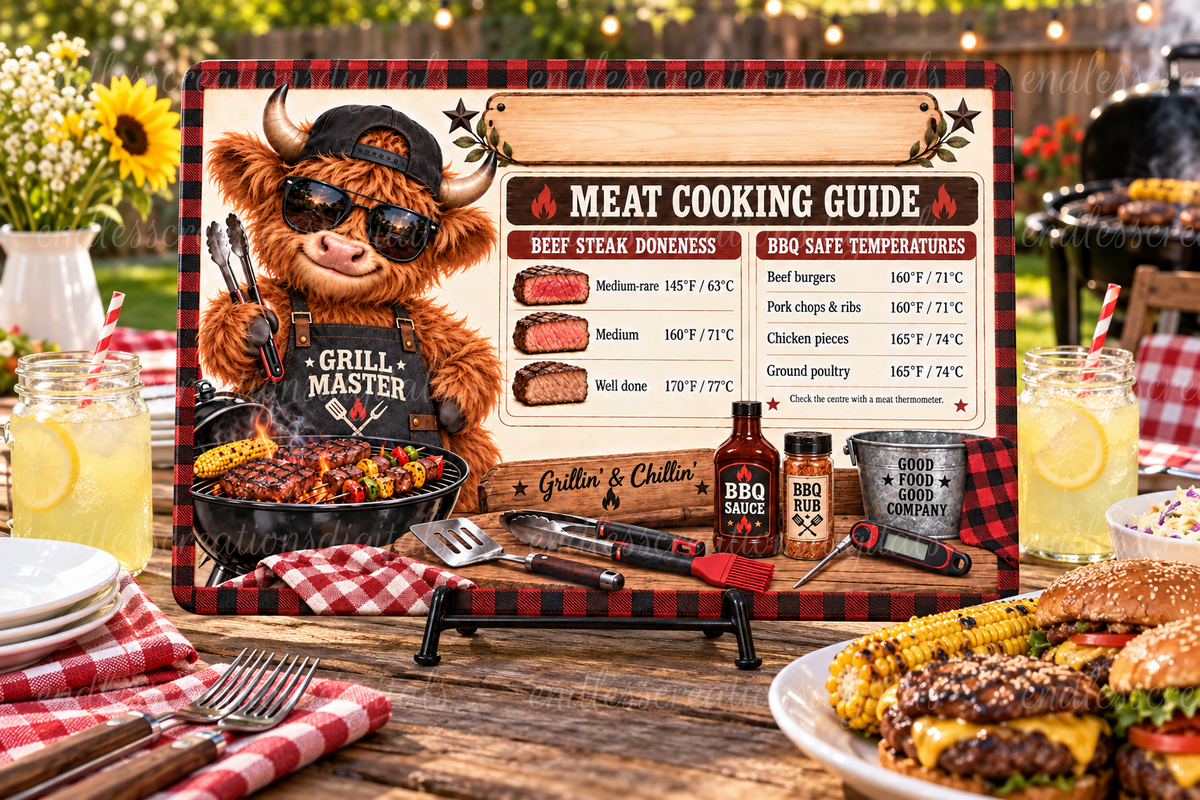 BBQ COW COOKING CHART CUTTING BOARD DESIGN