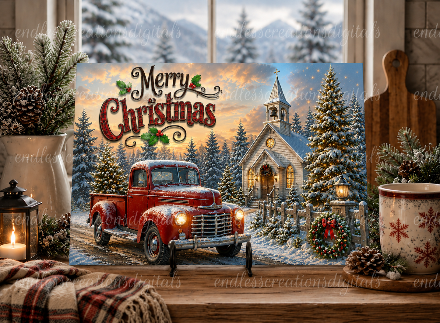 CHRISTMAS RED TRUCK CHURCH BUNDLE OF 4