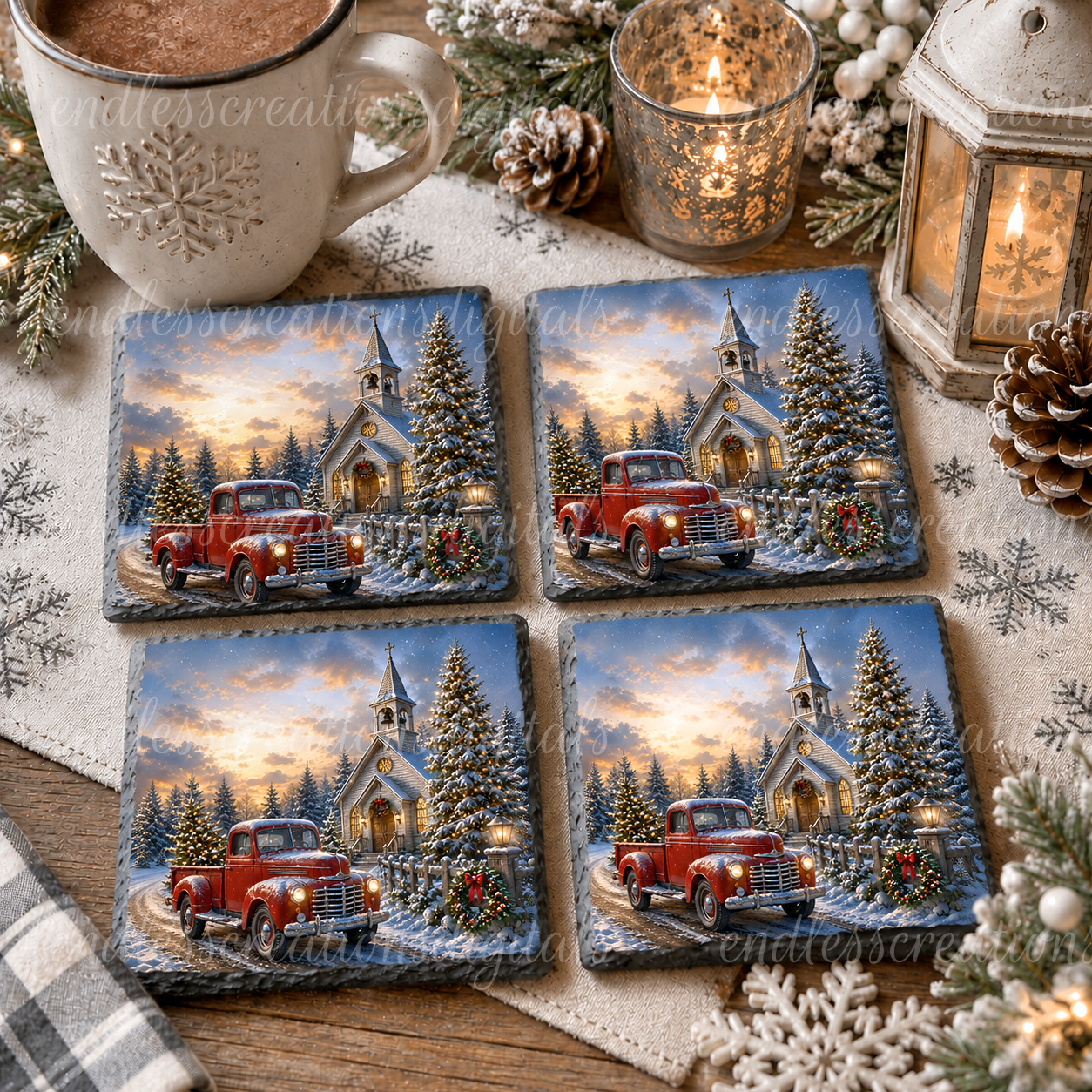 CHRISTMAS RED TRUCK CHURCH BUNDLE OF 4