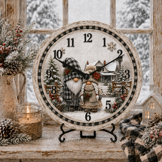 WINTER GNOME COUPLE ROUND CLOCK DESIGN