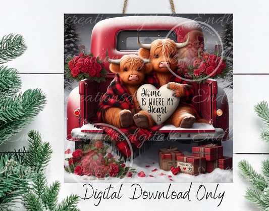 Valentines Highland Cow Red Truck