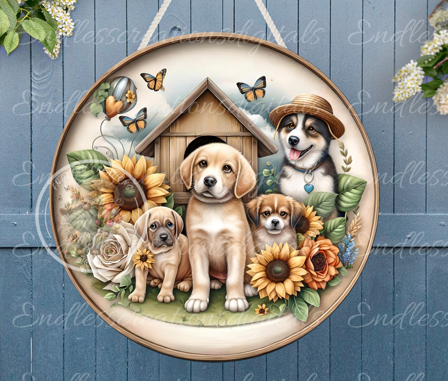 DOG RESCUE SPRING Floral Wreath Sign, door hanger, slate, clocks etc.  for sublimation high resolution, 2 files for download, 1 blank