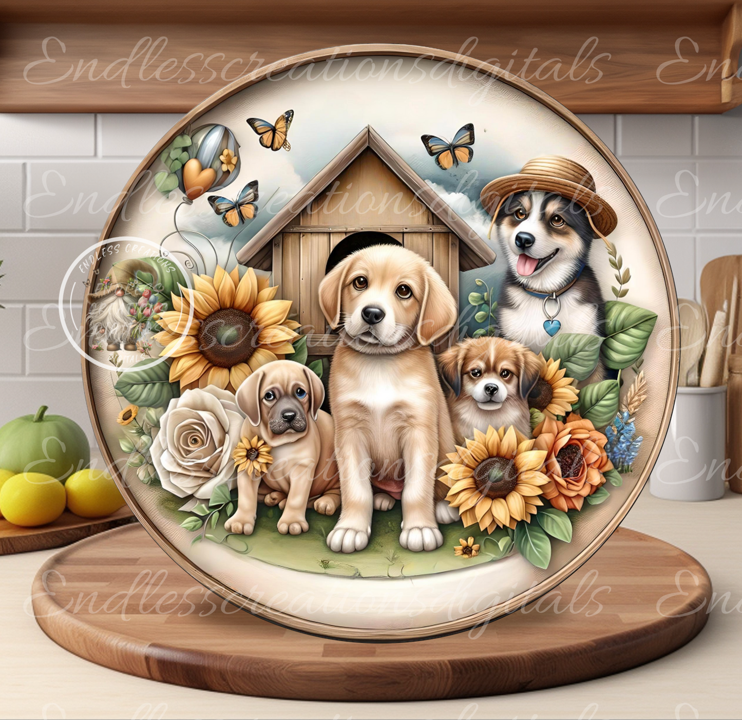 DOG RESCUE SPRING Floral Wreath Sign, door hanger, slate, clocks etc.  for sublimation high resolution, 2 files for download, 1 blank