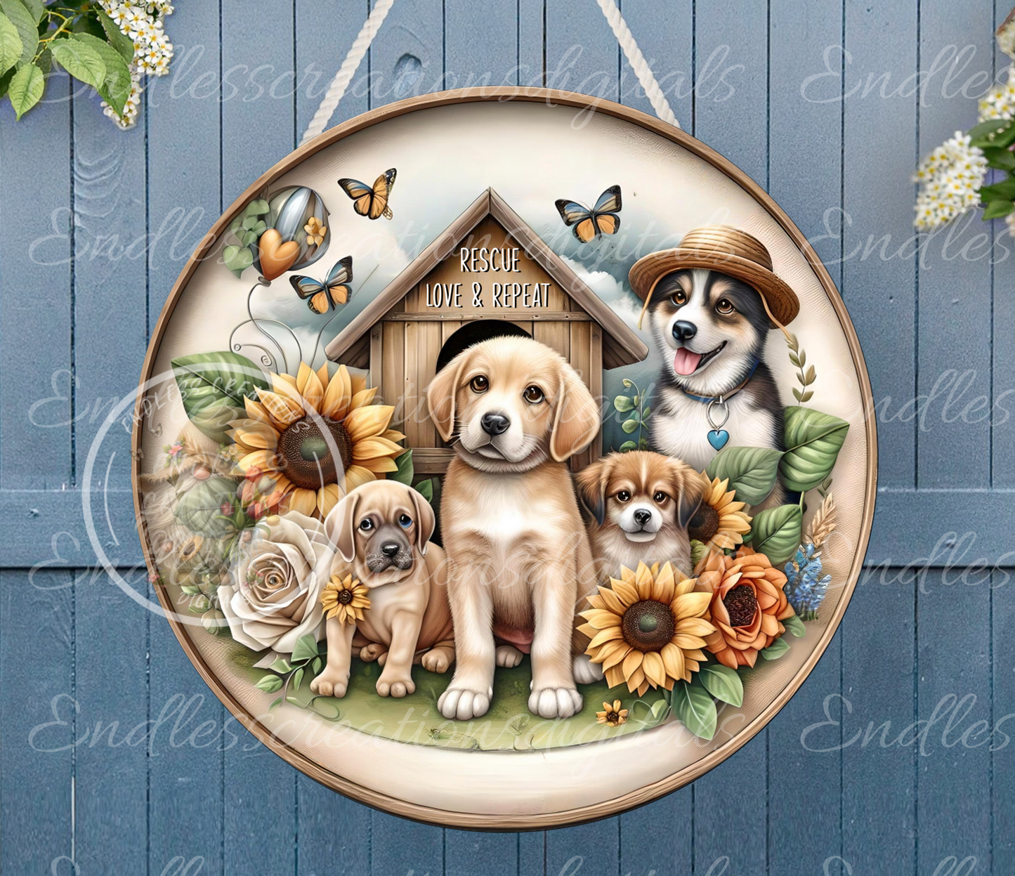 DOG RESCUE SPRING Floral Wreath Sign, door hanger, slate, clocks etc.  for sublimation high resolution, 2 files for download, 1 blank
