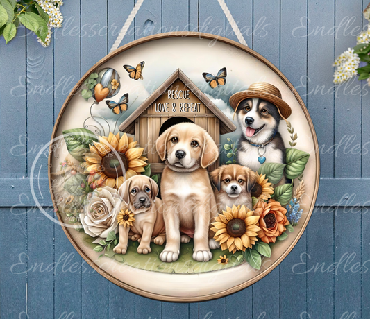 DOG RESCUE SPRING Floral Wreath Sign, door hanger, slate, clocks etc.  for sublimation high resolution, 2 files for download, 1 blank