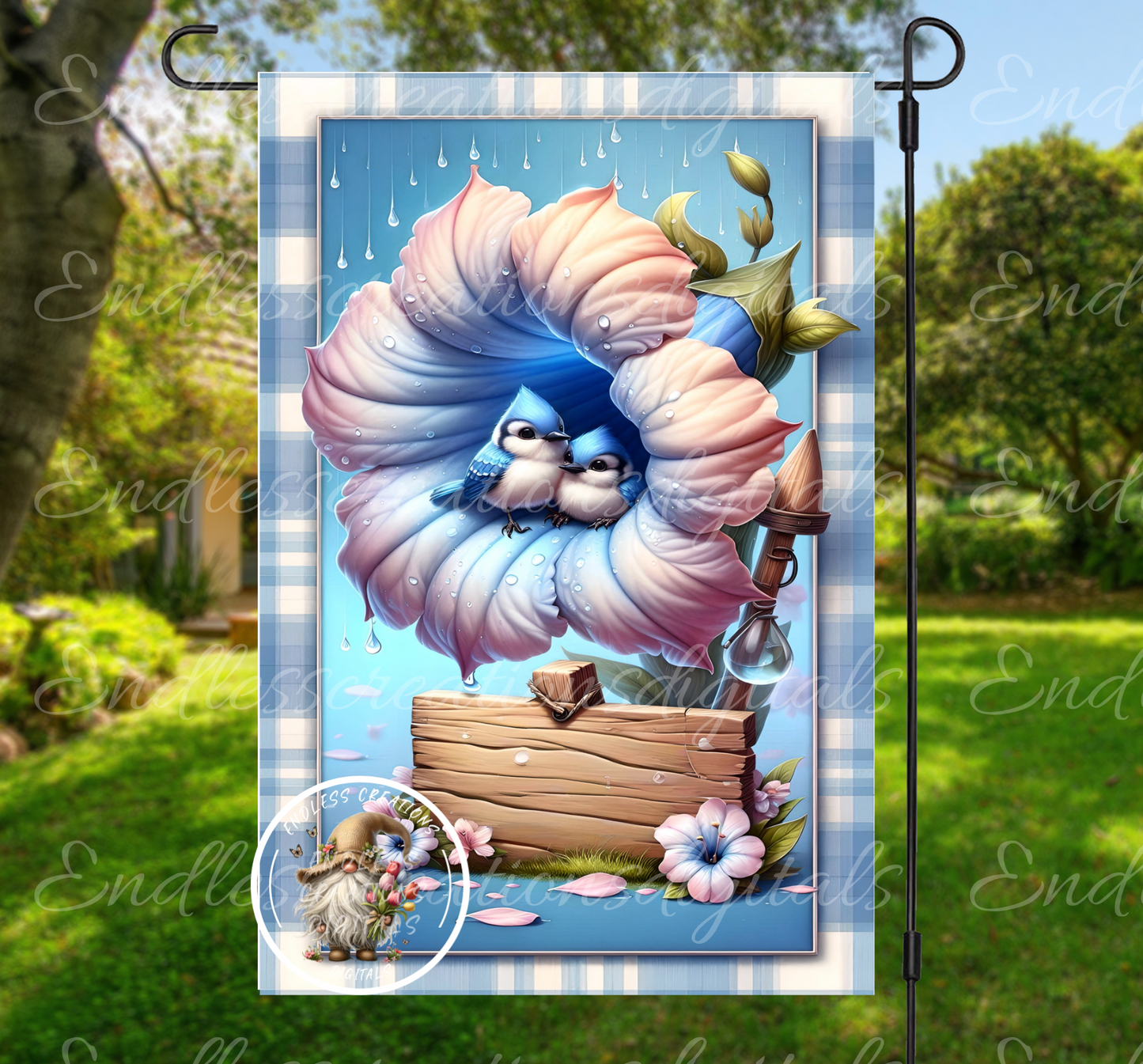 WELCOME FRIENDS FLORAL Baby Blue Jays Garden Flag