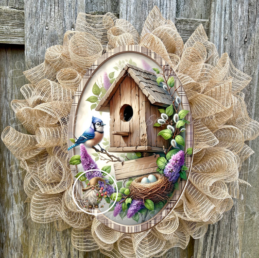 OVAL 7" X 12" BLUE JAY BIRDHOUSE FLORAL PHYSICAL ALUMINUM WREATH SIGN