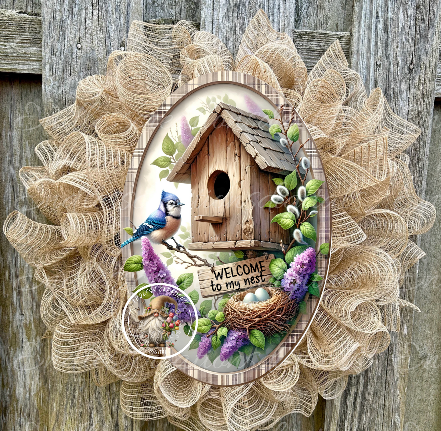 OVAL 7" X 12" BLUE JAY BIRDHOUSE FLORAL PHYSICAL ALUMINUM WREATH SIGN