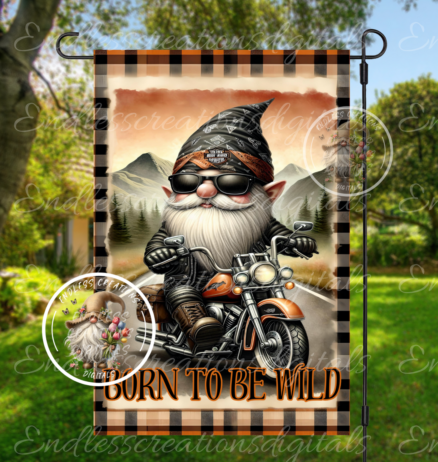BORN TO BE WILD MOTORCYCLE GNOME GARDEN FLAG