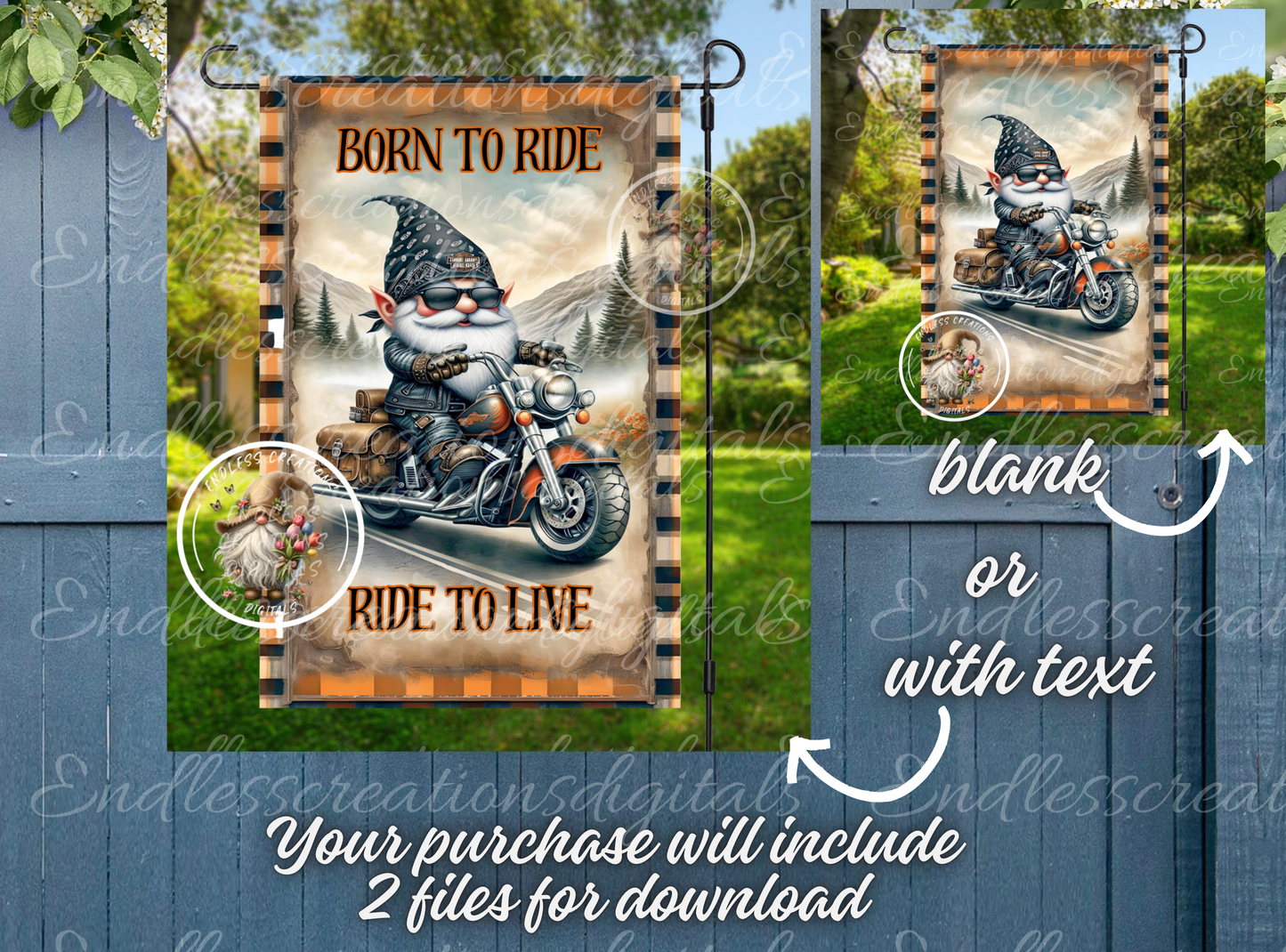 BORN TO RIDE GNOME MOTORCYCLE GARDEN FLAG