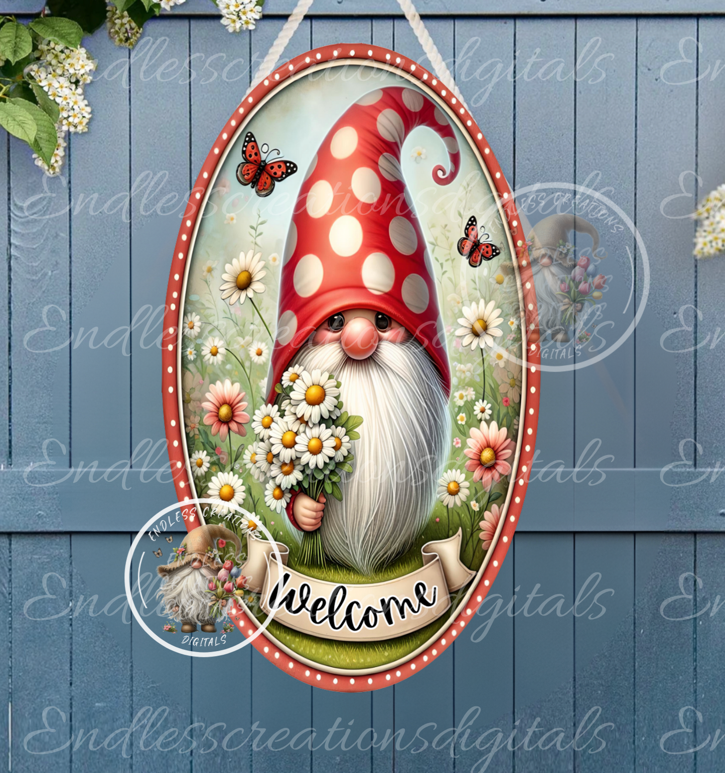 WELCOME DASIY LADYBUG GNOME OVAL DIGITAL
