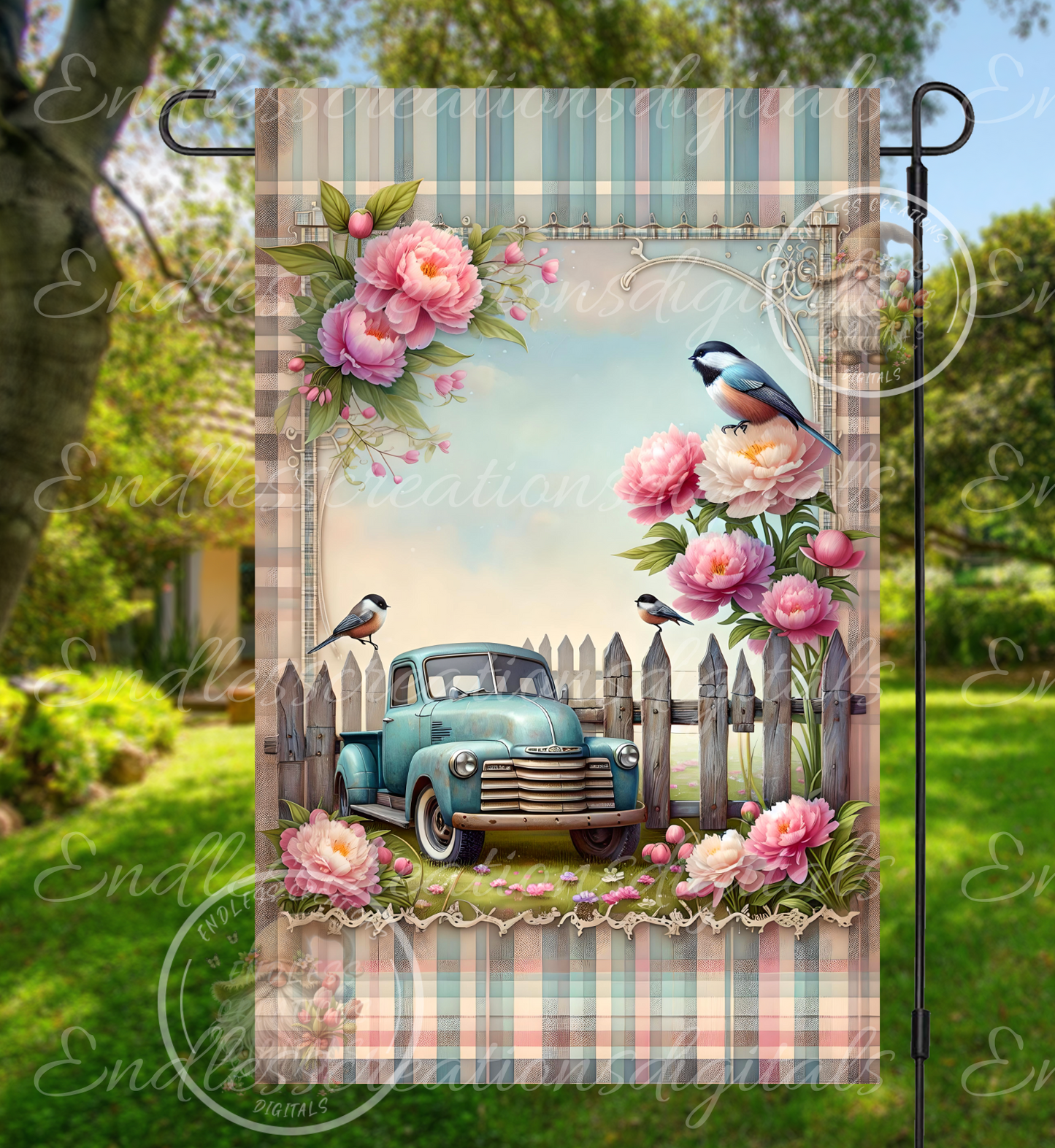 OLD BLUE TRUCK FLORAL GARDEN GLAG