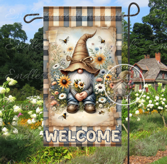 WELCOME GNOME FLORAL GARDEN FLAG