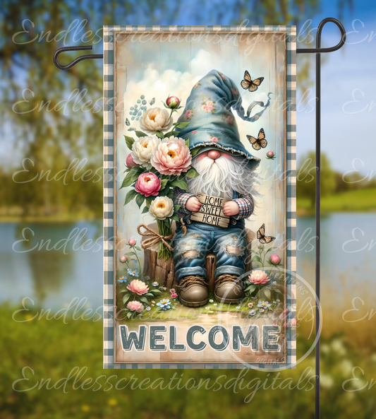 WELCOME PEONY GNOME GARDEN FLAG