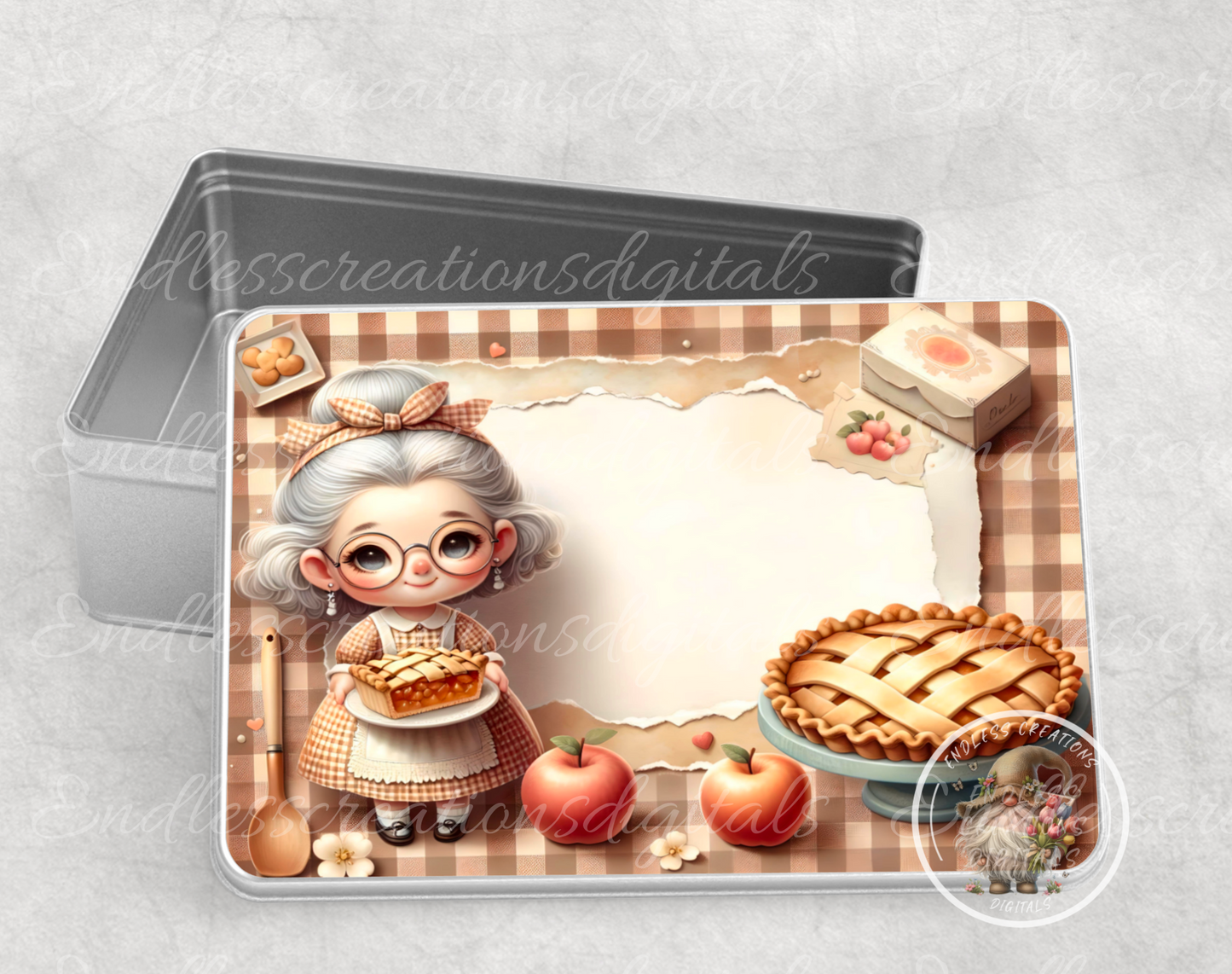 CUTE APPLE PIE RECIPE BOX RECTANGLE/TIN