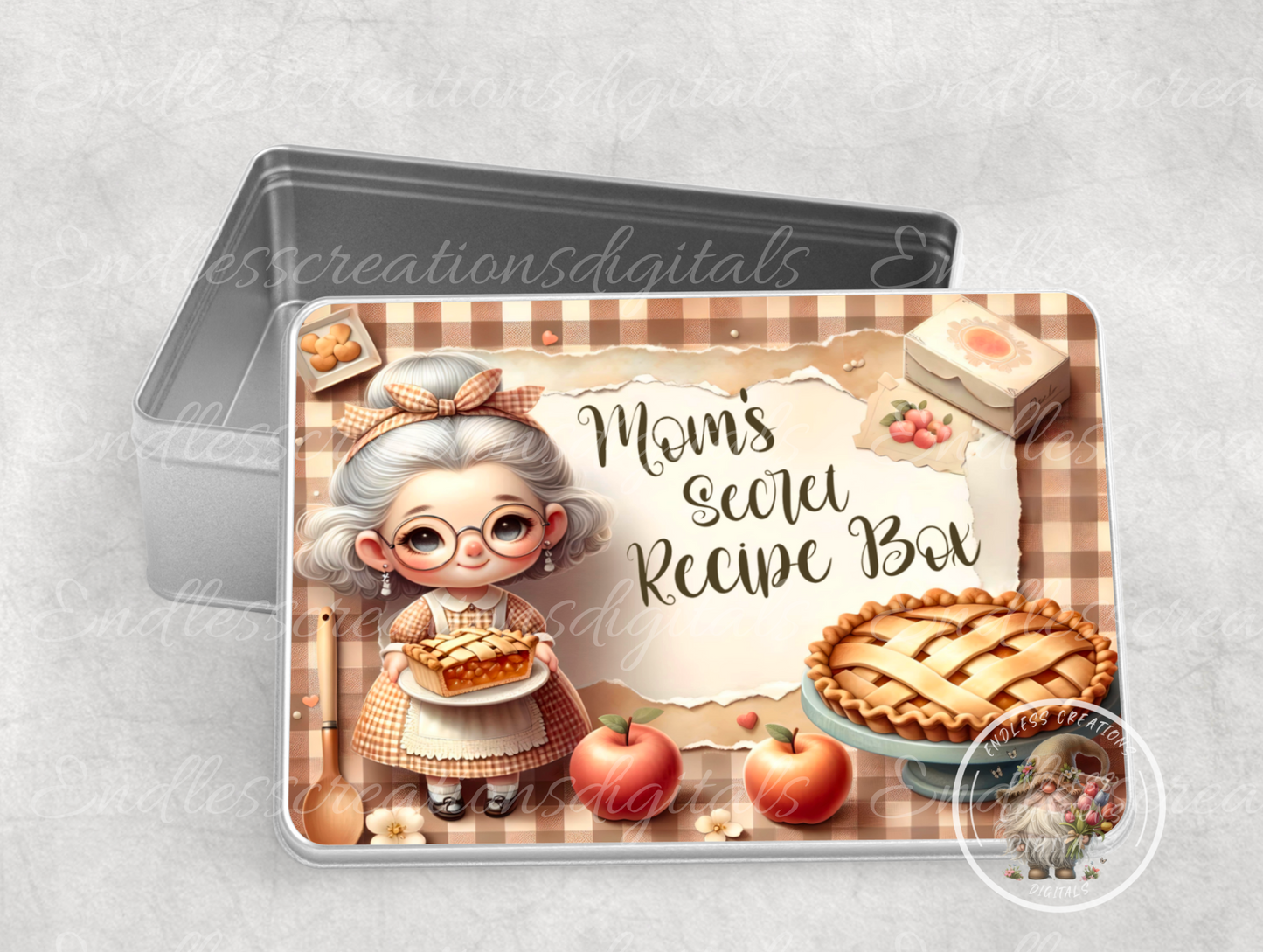 CUTE APPLE PIE RECIPE BOX RECTANGLE/TIN