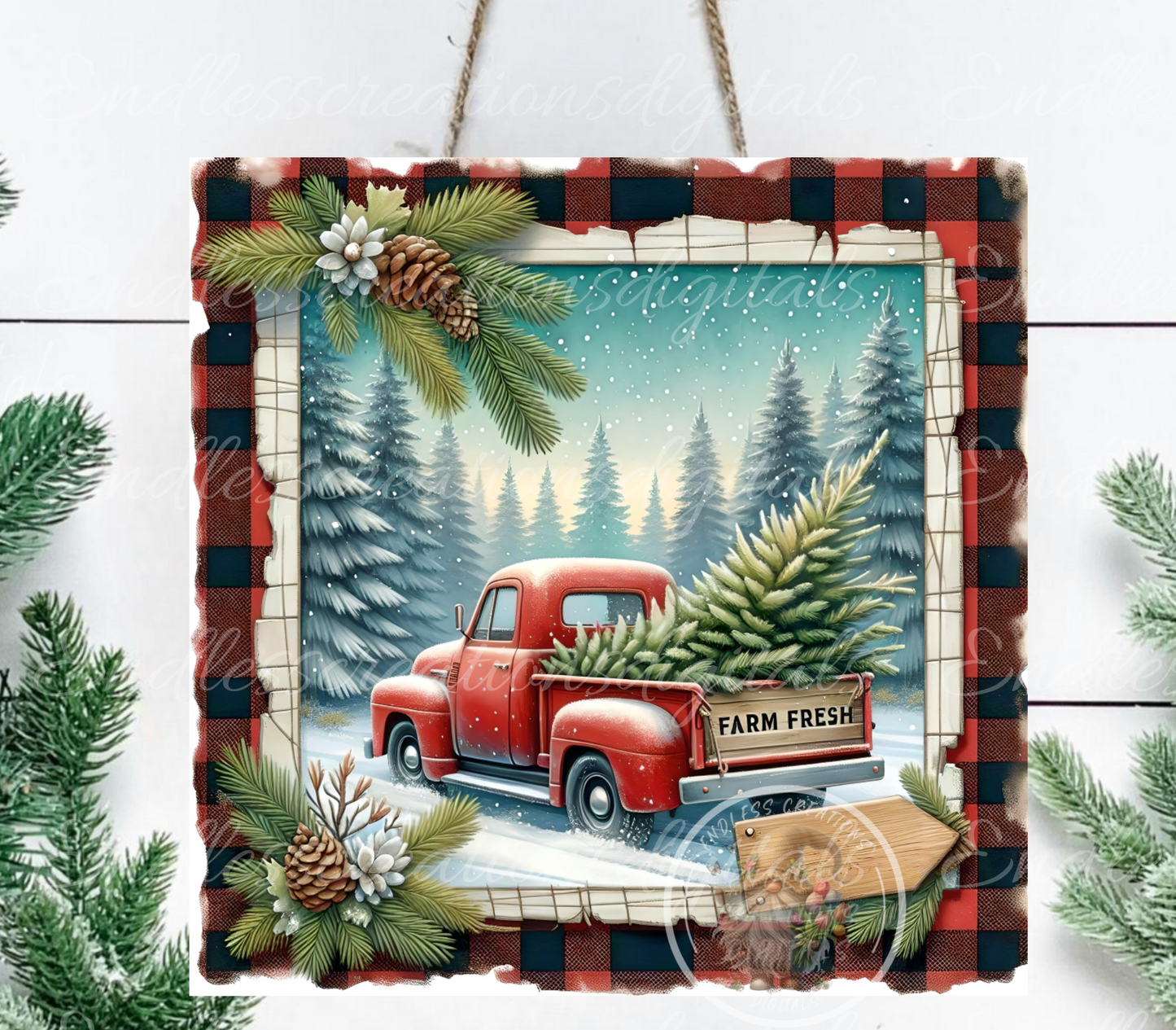 SQUARE RED TRUCK FRESH CHRISTMAS TREES