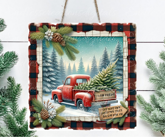 SQUARE RED TRUCK FRESH CHRISTMAS TREES