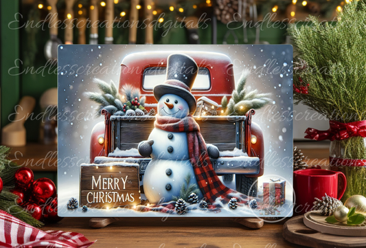 SNOWMAN IN A WINTER RED TRUCK RECTANGLE/TINS