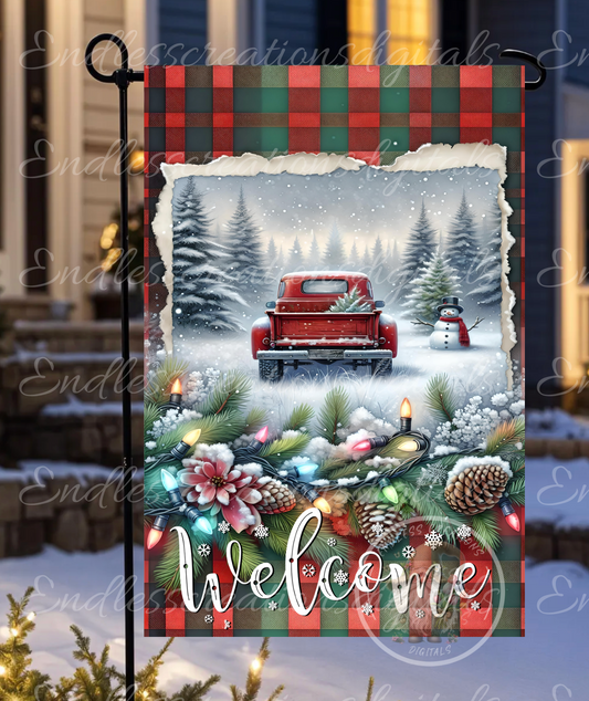 WINTER RED TRUCK GARDEN FLAG