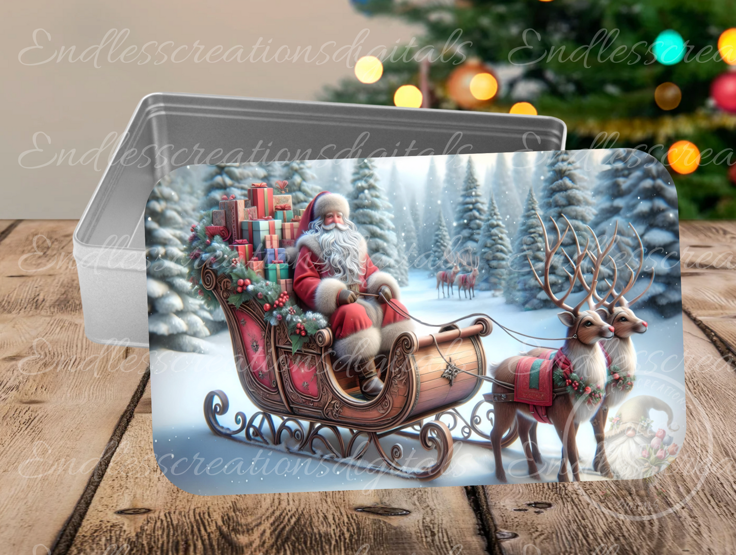 SANTA SLEIGH WITH REINDEER RECTANGLE/TINS