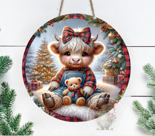 CUTE GIRLIE HIGHLAND CHRISTMAS ROUND ORNAMENT/GIFT TAGS