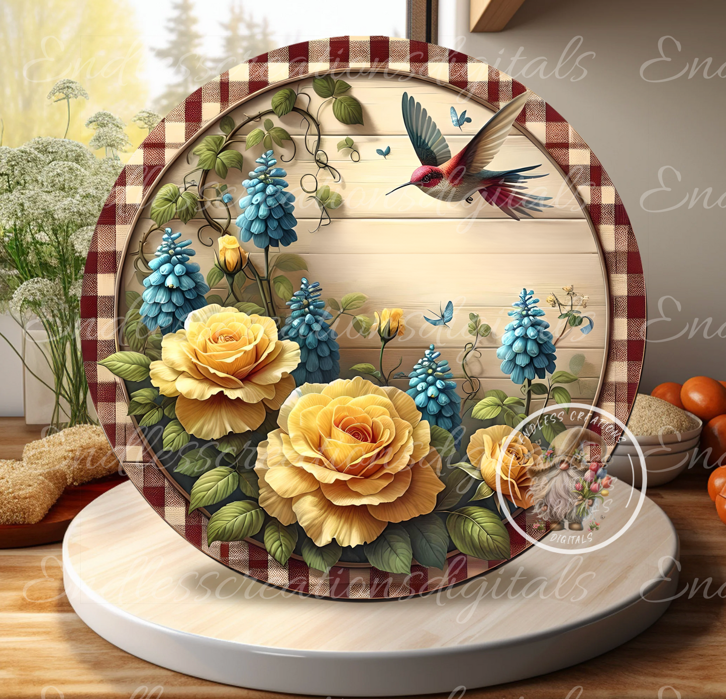 SUMMER WELCOME HUMMINGBIRD WITH YELLOW ROSES AND BLUEBONNETS