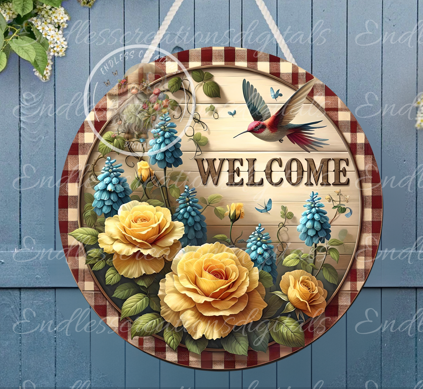 SUMMER WELCOME HUMMINGBIRD WITH YELLOW ROSES AND BLUEBONNETS