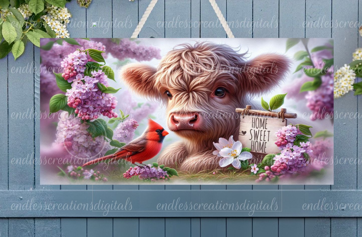SPRING FLORAL HIGHLAND COW 12 X 6 WIDE RECTANGLE